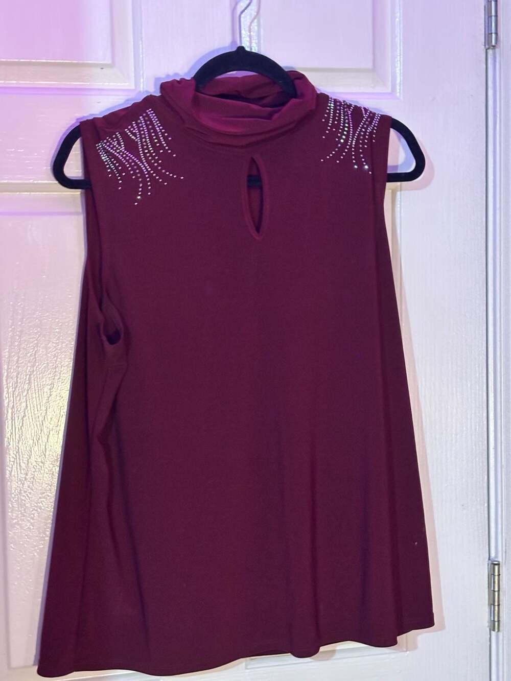 Diana Belle Sleeveless Mock Neck Top in Burgundy with Rhinestone XL